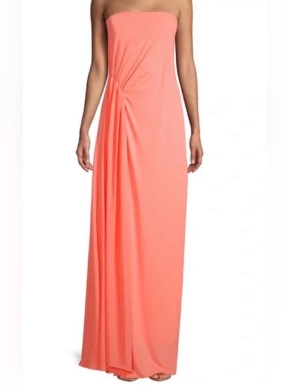 Halston Heritage Strapless Coral-Peach Maxi wedding guest Dress with Side Knot.